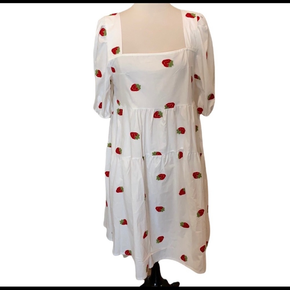 Red Embroidered Strawberry White Dress